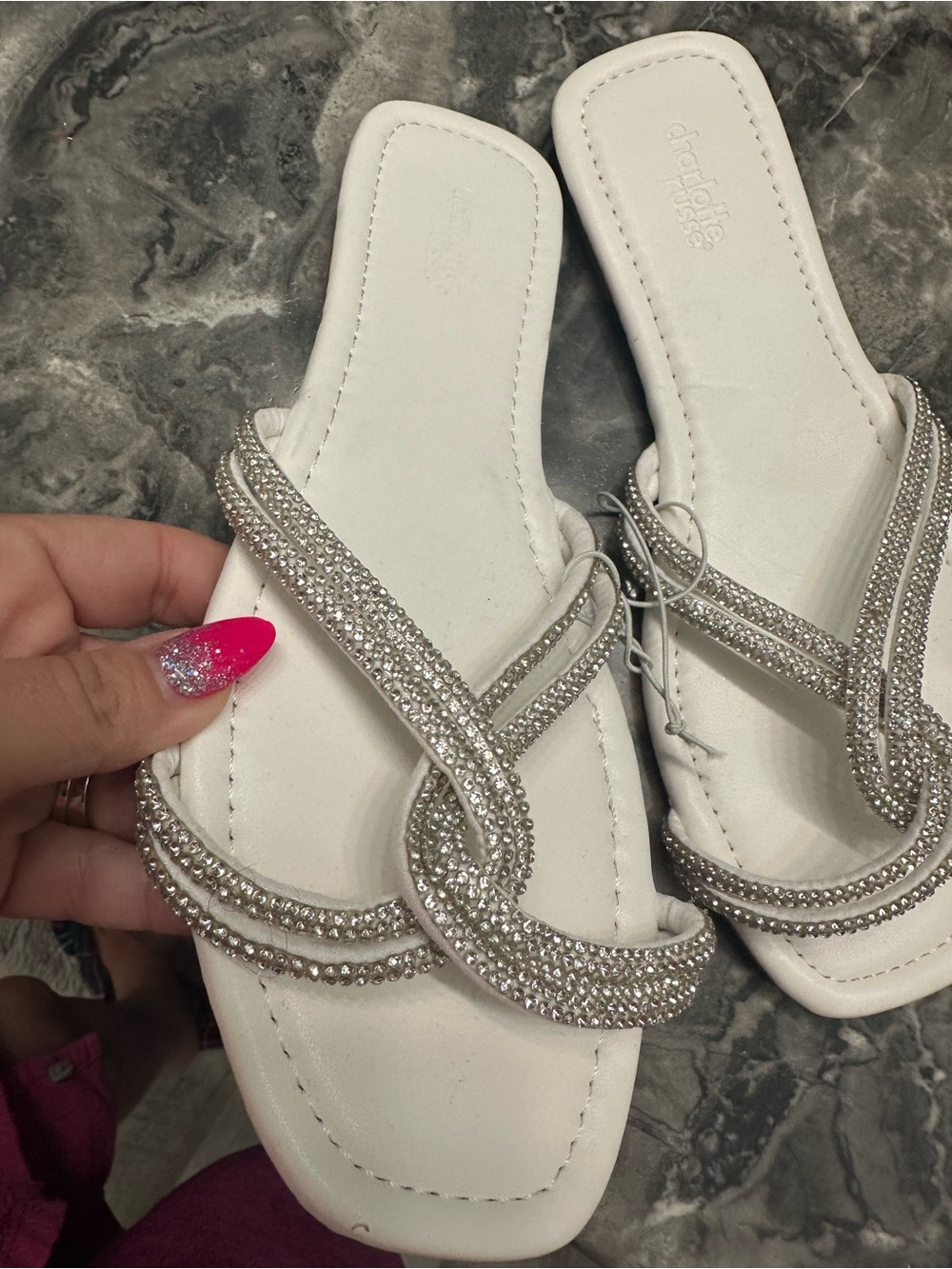 Crystal-Embellished White Flat Sandals - Women's